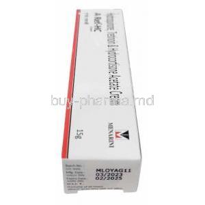 A Ret HC cream, Hydroquinone 2% w/w / Tretinoin 0.05% w/w/ Hydrocortisone 1% w/w, Cream 15g, A. Menarini India, Box information, Mfg date, Exp date