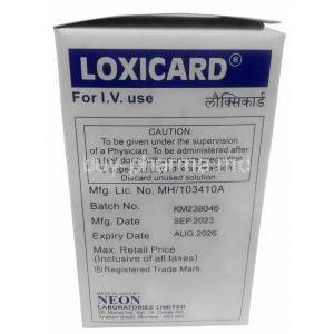 Loxicard Infusion, Lidocaine 2%, Infusion 50 mL, Neon Laboratories Ltd, Box information, Mfg date, Exp date