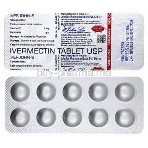 Iverjohn 6, Ivermectin 6 mg, Johnlee Pharmaceuticals, Blisterpack front view, back view