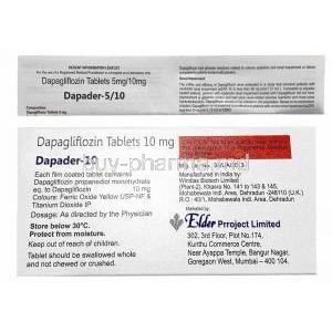 Dapader, Dapagliflozin 10mg, Elder Project Ltd, Box information with the insert