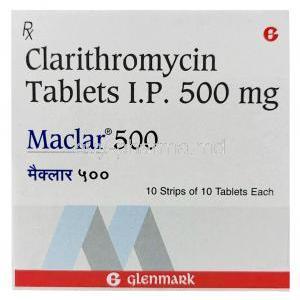 Maclar 500, Clarithromycin 500mg, Glenmark, Box front view