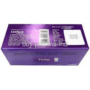 Tinfal, Biotin 5mg, Folic Acid 5mg, Leeford Healthcare Ltd, Box information, Mfg date, Exp date