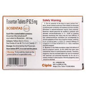 Bosentas 62.5, Bosentan 62.5mg, Cipla, Box information, Manufacturer, Safety warning