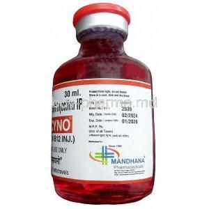Jscyno Injection, Cyanocobalamin 500mg, Injection Vial 30mL, Mandhana Pharmaceuticals, Bottle information, Mfg date, Exp date