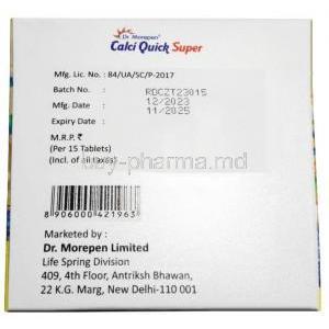 Calciquick Super, Calcium Citrate 1000 mg, Magnesium 100 mg, Zinc 4 mg, Vitamin D3 200 IU, Dr.Morepen Ltd, Box information, Mfg date, Exp date