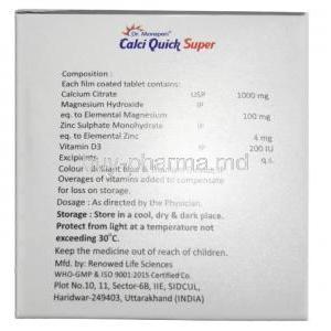 Calciquick Super, Calcium Citrate 1000 mg, Magnesium 100 mg, Zinc 4 mg, Vitamin D3 200 IU, Dr.Morepen Ltd, Box information, Dosage, Storage