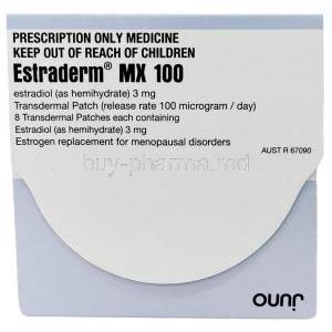 Estraderm MX 100, Ethinyl Estradiol 100mg,Patches, Norvatis Box front view