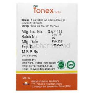 Tonex, Orient Ayurvedic Pharmacy, Box information