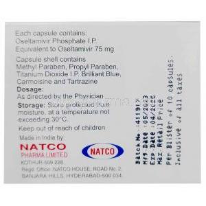 Natflu, Oseltamivir 75mg, Capsule, Natco Pharma, Box information, Dosage, Storage