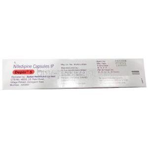 Depin 5, Nifedipine 5mg, Capsules, Zydus Cadila, Box information