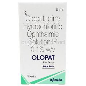 Olopat Eye Drops(BAK Free), Olopatadine 0.1% wv, Eye Drops 5mL, Ajanta Pharma, Box front view