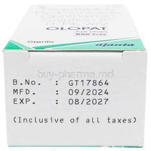Olopat Eye Drops(BAK Free), Olopatadine 0.1% wv, Eye Drops 5mL, Ajanta Pharma, Box information, Mfg date, Exp date