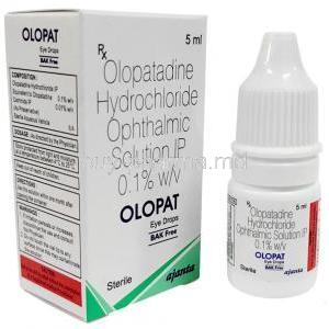 Olopat Eye Drops(BAK Free), Olopatadine 0.1% wv, Eye Drops 5mL, Ajanta Pharma, Box, Bottle