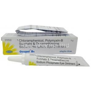 Ocupol DX Eye Ointment, Chloramphenicol 10mg/ Dexamethasone 1mg/ Polymyxin B 10000IU, Eye Ointment 5 g, Centaur Pharmaceuticals Pvt Ltd, Box, Tube, Insert