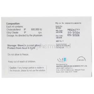 MB Cal D3 Injection, Cholecalciferol 600,000IU, Ampoule 1 mL X 6pcs, Martin & Brown Bio-Sciences Pvt., Ltd, Box information, Mfg date, Exp date