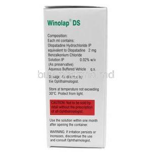 Winolap DS Eye Drop, Olopatadine 0.2%, Eye Drop 2.5 mL, Sun Pharmaceutical Industries, Box information, Composition