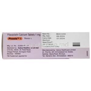 Pivasta 1, Pitavastatin 1 mg, Zydus Healthcare, Box information,Mfg date, Exp date  (New package)