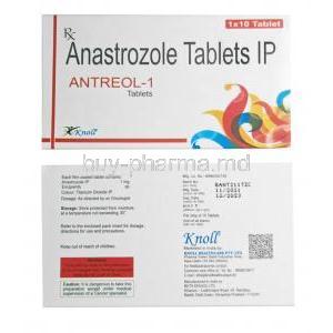 Antenol-1, Anastrozole 1mg, Knoll Healthcare, Box front view, back view
