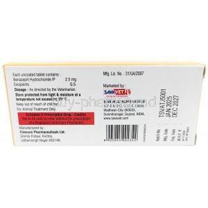 Aceptor 2.5, Benazepril 2.5 mg, SAVA Healthcare, Box information, Mfg date, Exp date