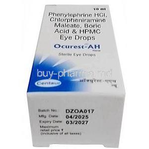 Ocurest AH Eye Drop,Eye Drop 10 mL, Centaur Pharmaceuticals Pvt Ltd, Box information, Mfg date, Exp date