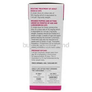 Parazole Oral Suspension for dogs and cats, Fenbendazole 100mg per mL, Oral suspension 100 mL, Foran Healthcare Ltd, Box information, Direction for use