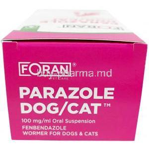Parazole Oral Suspension for dogs and cats, Fenbendazole 100mg per mL, Oral suspension 100 mL, Foran Healthcare Ltd, Box top view