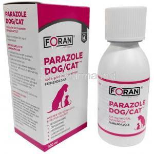 Parazole Oral Suspension for dogs and cats, Fenbendazole 100mg per mL, Oral suspension 100 mL, Foran Healthcare Ltd, Box, Bottle