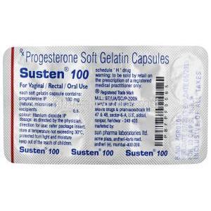 Susten 100, Progesterone 100mg, Soft Gelatin Capsule, Sun Pharmaceutical Industries, Blisterpack information (New package)