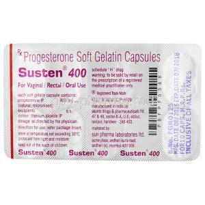 Susten 400, Progesterone 400mg, Soft Gelatin Capsule, Sun Pharmaceutical Industries, Blisterpack information