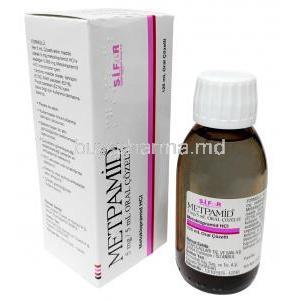 Metpamid Syrup, Metoclopramide 5mg per 5mL, Syrup 125mL, Sifar, Box, Bottle
