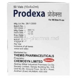 Prodexa Injection, Dexamethasone 4 mg per mL, Injection vial 2 mL X 50, Themis Pharmaceuticals, Box information, Mfg date, Exp date