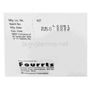 Sucrafil, Scralfate 1g, 10 tablets Fourrts India, Box information, Mfg date, Exp date