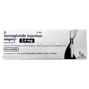 Wegovy Pen, Semaglutide 2.4 mg, Pen Injection (Combipack of 1pen and 4 disposabnle neediles for 4 doses) 3 mL, Novo Nordisk India Pvt Ltd, Box front view