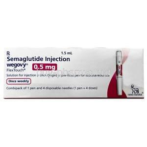 Wegovy Pen, Semaglutide 0.5 mg, Pen Injection (Combipack of 1pen and 4 disposabnle neediles for 4 doses)1.5 mL, Novo Nordisk India Pvt Ltd, Box front