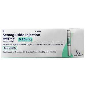 Wegovy Pen, Semaglutide 0.25 mg, Pen Injection (Combipack of 1pen and 4 disposabnle neediles for 4 doses)1.5 mL, Novo Nordisk India Pvt Ltd, Box front view