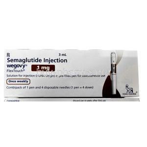 Wegovy Pen, Semaglutide 1 mg, Pen Injection (Combipack of 1pen and 4 disposabnle neediles for 4 doses) 3 mL, Novo Nordisk India Pvt Ltd, Box front view