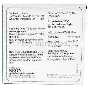Potcl Injection, Potassium Chloride 1.5 g, Injection 10 mL, Neon Laboratories Ltd, Box information