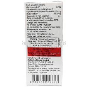 Forglyn Plus Inhaler, Glycopyrrolate 9 mcg, Formoterol 4.8mcg, Budesonide 160 mcg, 120 MD Inhaler (CFC Free), Zydus Healthcare, Box information, Composition