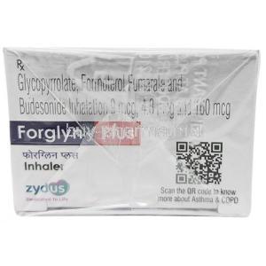Forglyn Plus Inhaler, Glycopyrrolate 9 mcg, Formoterol 4.8mcg, Budesonide 160 mcg, 120 MD Inhaler (CFC Free), Zydus Healthcare, Box top view