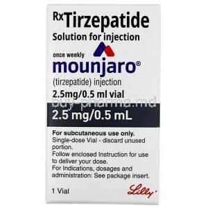 Mounjaro Injection, Tirzepatide 2.5 mg per 0.5 mL, Vial 0.5 mL, Eli Lilly India, Box front view