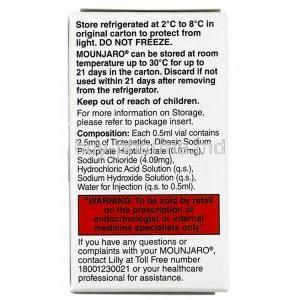 Mounjaro Injection, Tirzepatide 2.5 mg per 0.5 mL, Vial 0.5 mL, Eli Lilly India, Box information