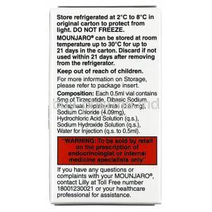 Mounjaro Injection, Tirzepatide 5 mg per 0.5 mL, Vial 0.5 mL, Eli Lilly India, Box information