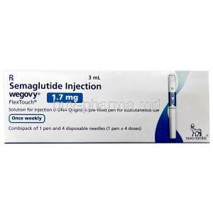 Wegovy pen, Semaglutide 1.7 mg, Pen Injection (Combipack of 1pen and 4 disposabnle neediles for 4 doses) 3 mL, Novo Nordisk India Pvt Ltd, Box front view