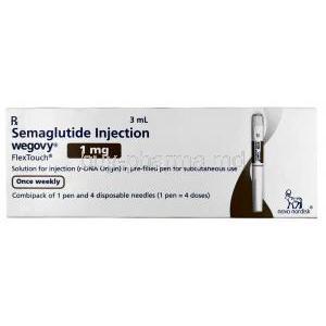 Wegovy Pen, Semaglutide 1 mg, Pen Injection (Combipack of 1pen and 4 disposabnle neediles for 4 doses) 3 mL, Novo Nordisk India Pvt Ltd, Box front view