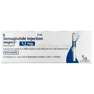 Wegovy pen, Semaglutide 1.7 mg, Pen Injection (Combipack of 1pen and 4 disposabnle neediles for 4 doses) 3 mL, Novo Nordisk India Pvt Ltd, Box front view