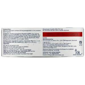 Wegovy pen, Semaglutide 1.7 mg, Pen Injection (Combipack of 1pen and 4 disposabnle neediles for 4 doses) 3 mL, Novo Nordisk India Pvt Ltd, Box information, Composition, Warning