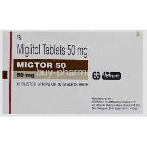 Migtor 25, Generic  Glyset,  Miglitol  Box