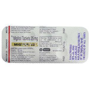 Migtor 25, Generic  Glyset,  Miglitol Tablet Packaging