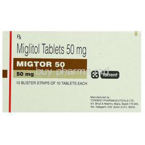 Migtor 50, Generic  Glyset,  Miglitol Box