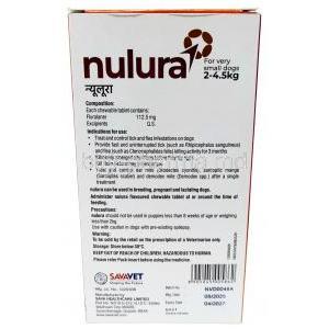 Nulura, Fluralaner 112.5 mg for very small dogs (4.5-10kg) 1 Chewable tablet,SAVA Healthcare Limited, Box back view, Information